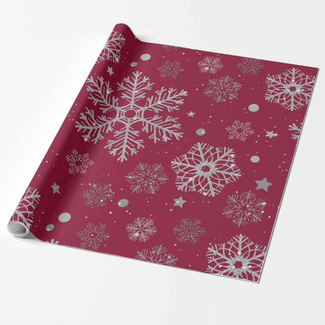 Papel De Regalo Copos de nieve plateados en rojo oscuro (Desenrollado)
