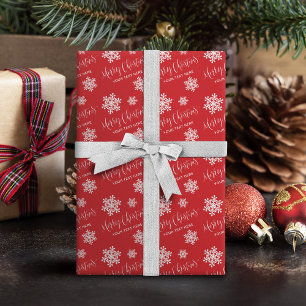 Papel De Regalo Copos de nieve rojos Script Merry Christmas person
