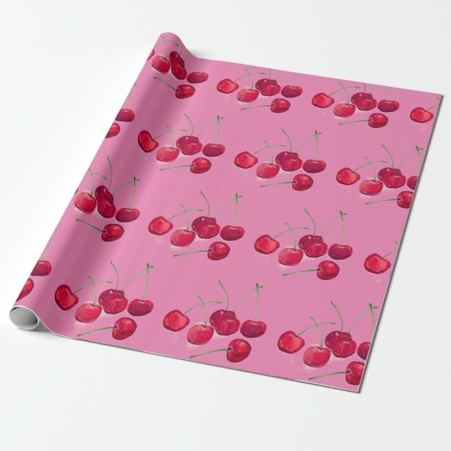 Papel De Regalo Coqueta roja Cerezas fruta Alimentos Patrón rosa (Desenrollado)