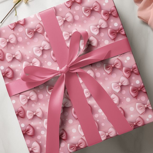 Papel De Regalo Coqueta rosa elegante y caprichosa dobla cintas (Elegant and Whimsical Pink Coquette Bows and Ribbons with Pink Polka Dots Wrapping Paper)