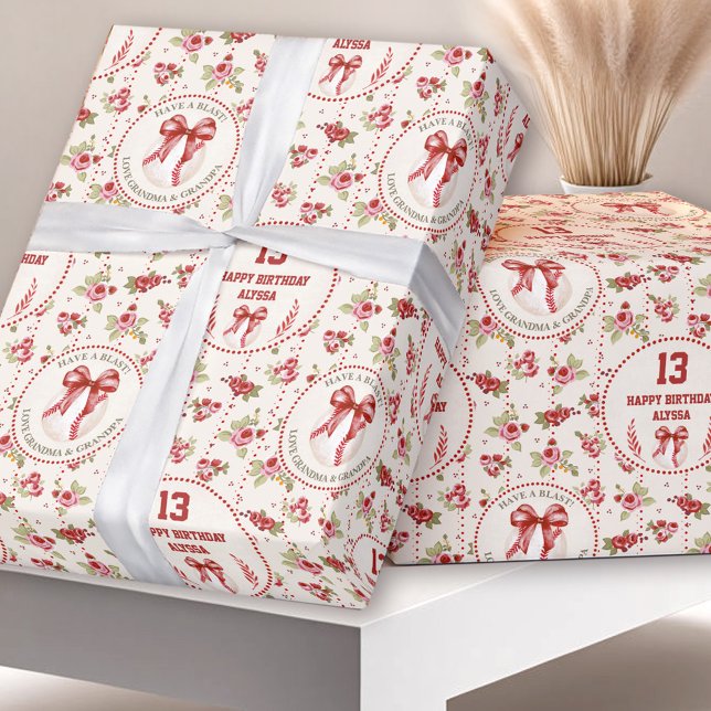 Papel De Regalo Coquette Baseball Bow Floral Chica Nombre Cumpleañ (Coquette Baseball Red Bow Floral Vintage Birthday Wrapping Paper)