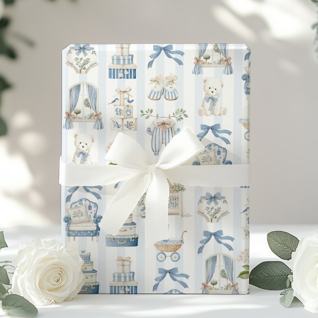 Papel De Regalo Coquette French Nursery Carriage Baby Shower Blue (Subido por el creador)