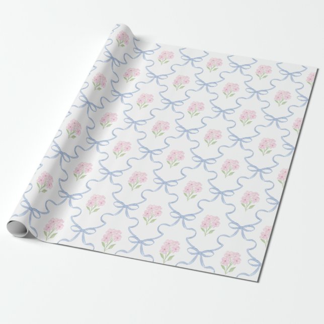 Papel De Regalo Coquette Pink Forget-Me-Nots Blue Bow Trellis (Desenrollado)