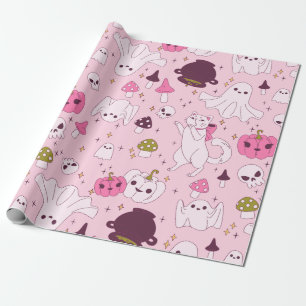 Papel De Regalo coquette rosa halloween bruja gato fantasma cráneo