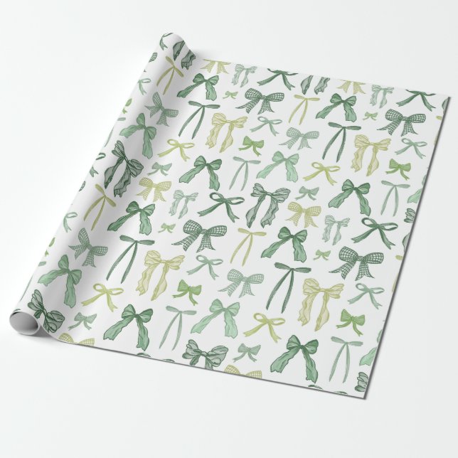 Papel De Regalo Coquette Sage Green Bows (Desenrollado)