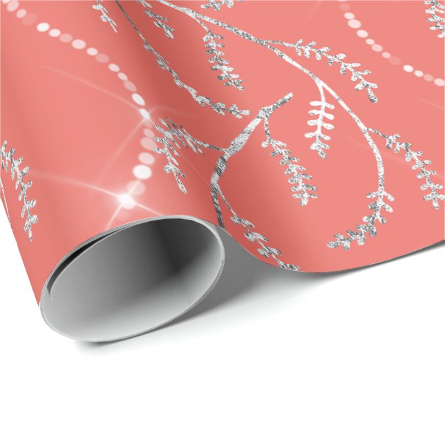 Papel De Regalo Coral Candy Spark Laurel Floral Silver Diamantes (Esquina del rollo)