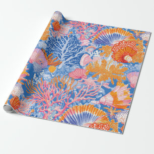 Papel De Regalo Coral de Conchas Marinas Coloridas Turquesa Púrpur