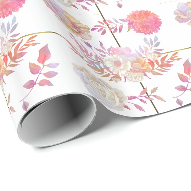 Papel De Regalo Coral de moda y Floral de marfil (Esquina del rollo)