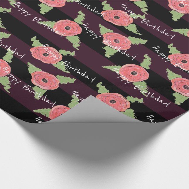 Papel De Regalo Coral florido feliz cumpleaños negro y frambuesa (Esquina)