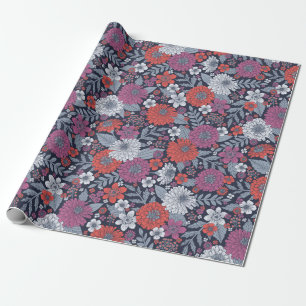 Papel De Regalo Coral, magenta y azul de zinnias florales