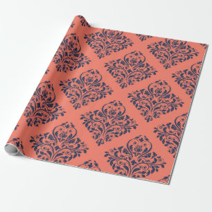 Papel De Regalo Coral, Navy y Plata Damask Vintage