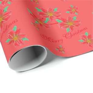 Papel De Regalo Coral Rosa Y Poinsettias Rojas