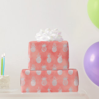 Papel De Regalo Coral y Piña Plateada | Tropical Lujo de Verano