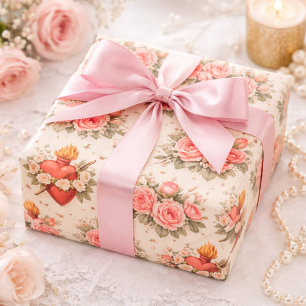 Papel De Regalo Corazón católico elegante de María Rosas rosadas