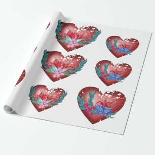 Papel De Regalo Corazón con flores azules y rojas y ramas verdes