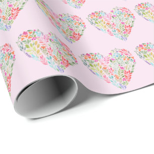 Papel De Regalo Corazón Floral Acuarela Sobre Rosa