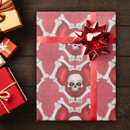 Papel De Regalo Corazón rojo delineado en huesos con cráneos en el