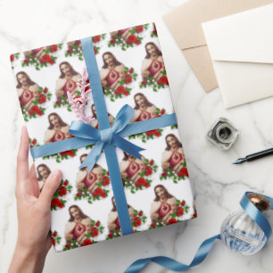 Papel De Regalo Corazón Sagrado Religioso Jesús Roses Rojos