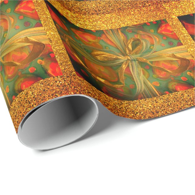 Papel De Regalo Corazón y arco rojo y purpurina verde (Esquina del rollo)