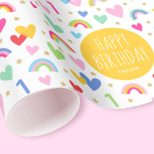 Papel De Regalo Corazones arcoiris Primer nombre personalizado cum