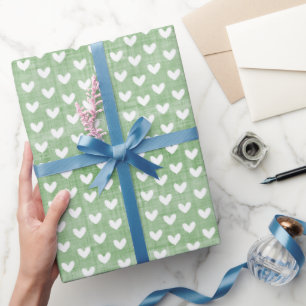 Papel De Regalo Corazones Blancos sobre Lino Verde