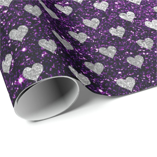 Papel De Regalo Corazones Confetti Purpurina Gris Plata Pluma Púrp (Esquina del rollo)