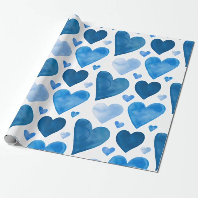Papel De Regalo Corazones - corazones azules de la acuarela (Desenrollado)