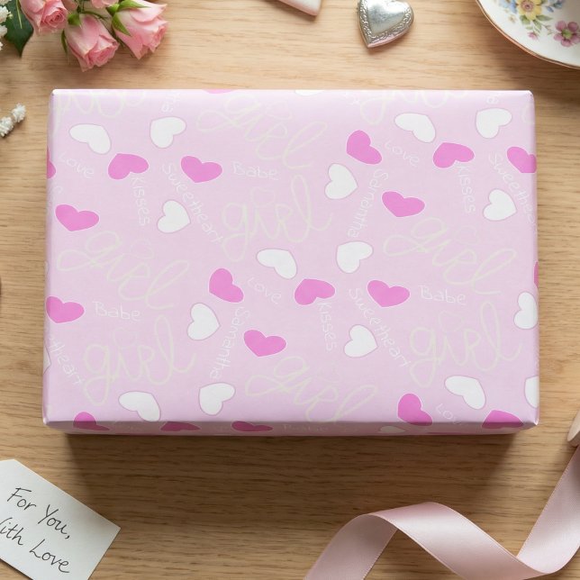 Papel De Regalo Corazones de Amor Rosa Pastel (Sweet pink candy hearts all over. Perfect for Valentine, birthdays, or baby showers. Girly and fun.)