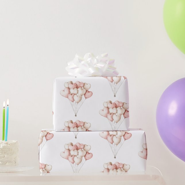 Papel De Regalo Corazones de crema rosa globos cumpleaños   (Regalos de fiesta)