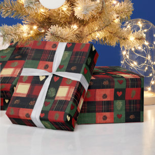 Papel De Regalo Corazones de Cuadro Rojo Verde Rústico Navidad Fie
