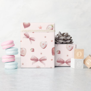 Papel De Regalo Corazones de fresa Estrellas de cinta rosada