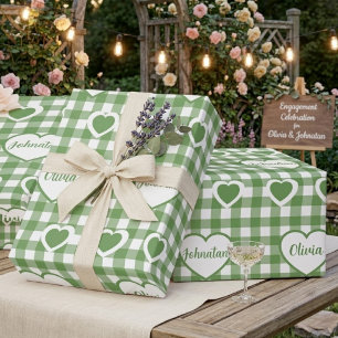 Papel De Regalo Corazones de Gingham Verde Salvia Nombres de Parej