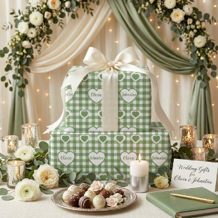 Papel De Regalo Corazones de Gingham Verde Salvia Nombres de Parej