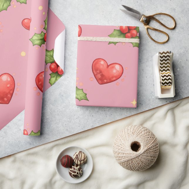 Papel de Regalo Corazones de Navidad y Acebo (Artesanía)
