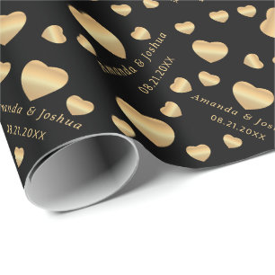 Papel De Regalo Corazones de oro en negro