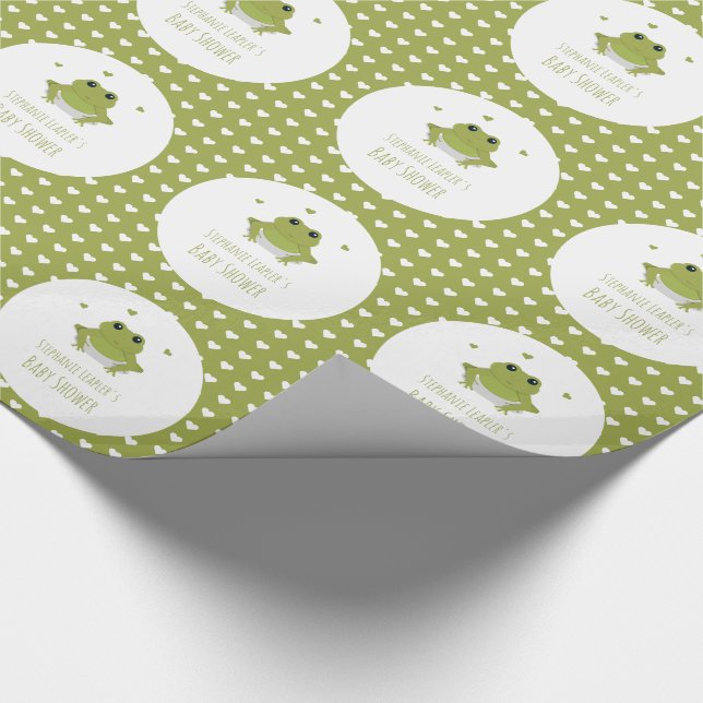 Papel De Regalo Corazones de rana verde Nombre Baby Shower (Esquina)