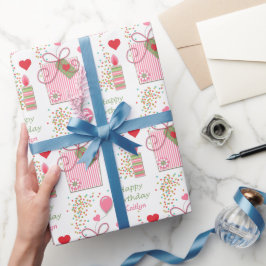 Papel De Regalo Corazones de regalo de cumpleaños rosado personali
