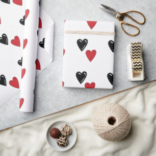 Papel De Regalo Corazones de San Valentín rojo y negro sobre blanc