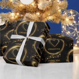 Papel De Regalo Corazones elegantes negros y dorados Te amo nombre