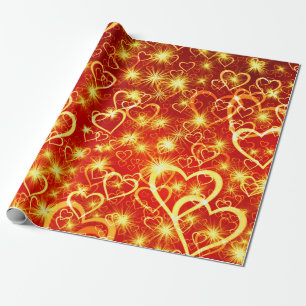 papel de regalo corazones en fondo rojo
