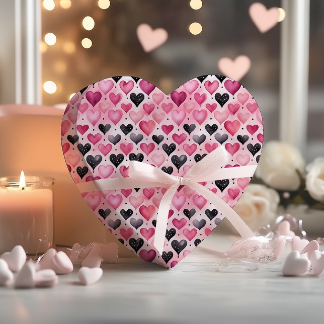 Papel De Regalo Corazones encantadores de acuarela | Patrón de lun (Enchanting Watercolor Hearts and Polka Dots Pink and Black Pattern Wrapping Paper)