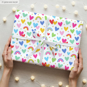 Papel De Regalo Corazones Estrellas Arcoíris Celebración San Valen