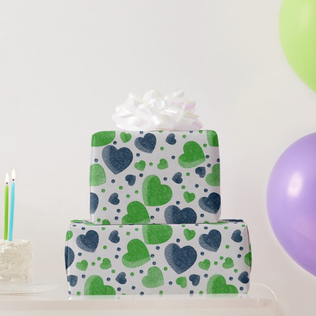 Papel De Regalo Corazones grises de amor verdes y azules (Regalos de fiesta)