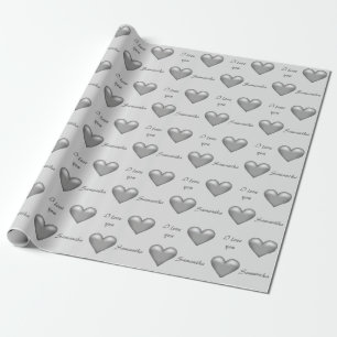 Papel De Regalo Corazones grises y texto personalizado 'Te amo' co