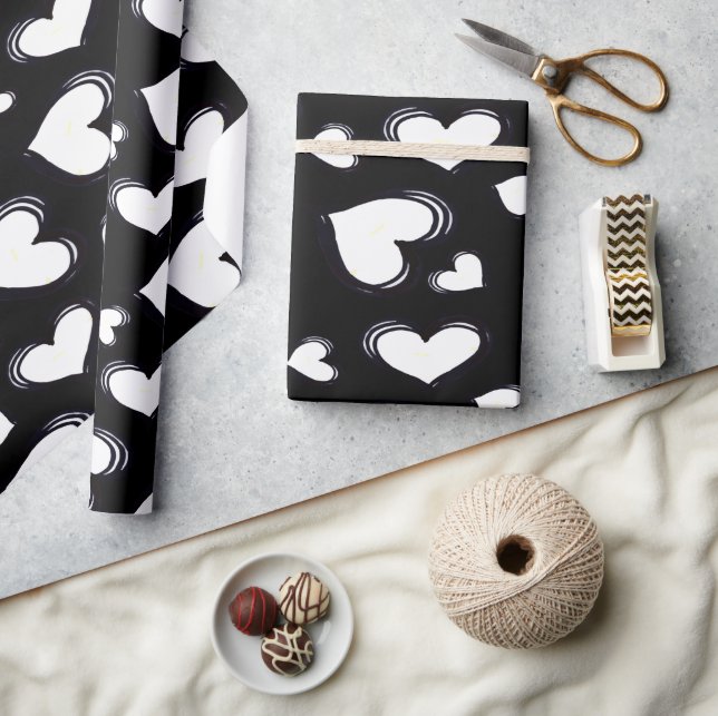 Papel De Regalo Corazones Lindos Negros (Artesanía)