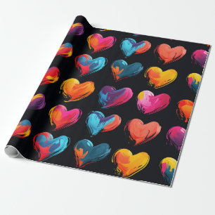 Papel De Regalo Corazones pintados sobre un fondo negro