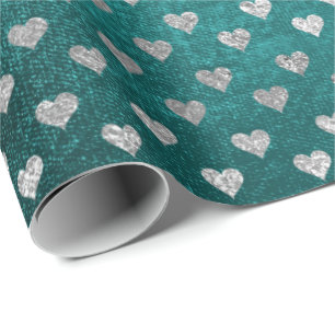 Papel De Regalo Corazones Plata Verde azulado Acuático Verde Tropi