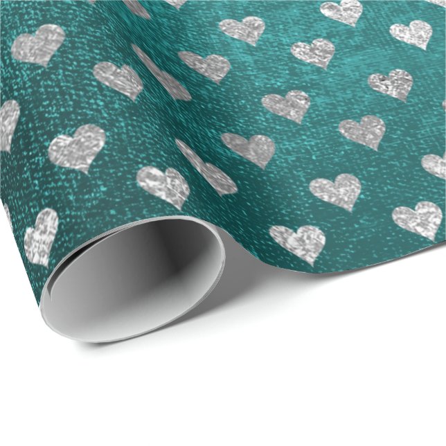 Papel De Regalo Corazones Plata Verde azulado Acuático Verde Tropi (Esquina del rollo)