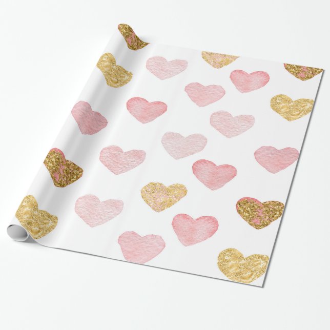 Papel De Regalo Corazones Purpurinas Rosa Y Oro (Desenrollado)