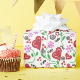 Papel De Regalo Corazones rojos de San Valentín flores rosadas